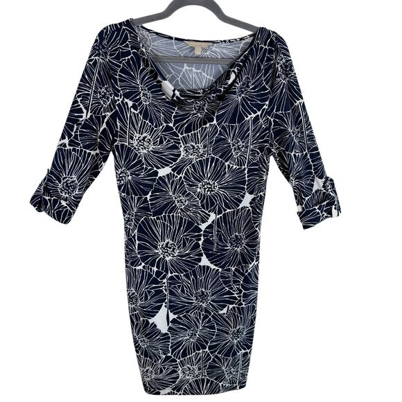 Banana Republic Navy Blue White Floral 3/4 Sleeve Draped Neck Stretchy Dress S - Picture 1 of 7